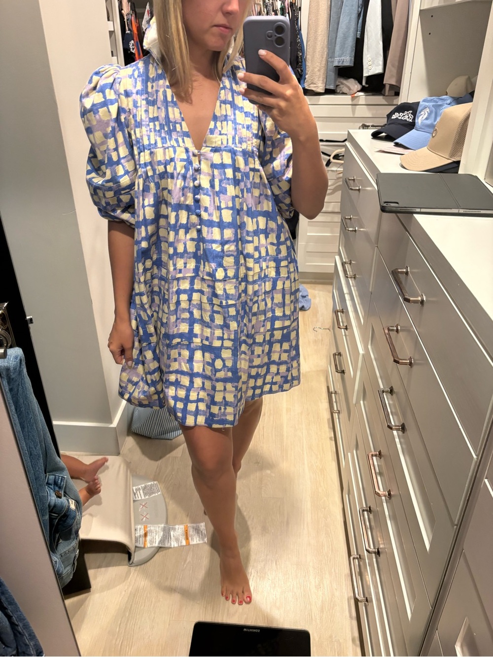 HUNTER BELL Blue and Cream Puff-Sleeve Mini Dress - Picture 2 of 4